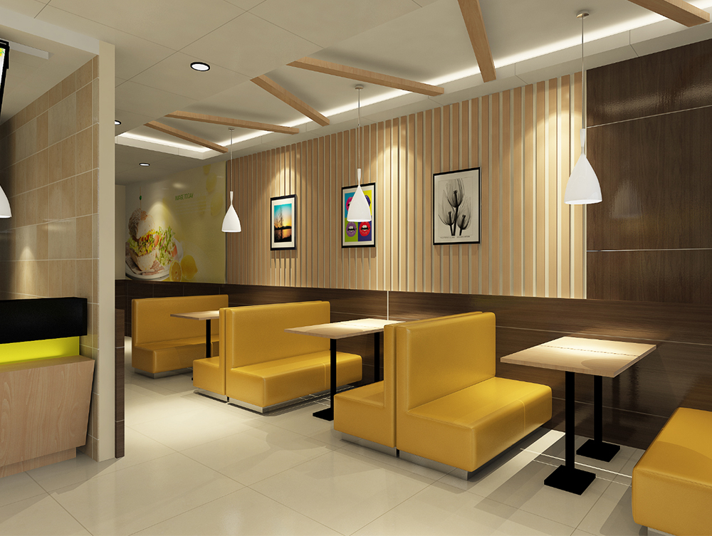 汉堡快餐店采用现代简约的设计风格,整体设计以浅色为调简洁大方,大