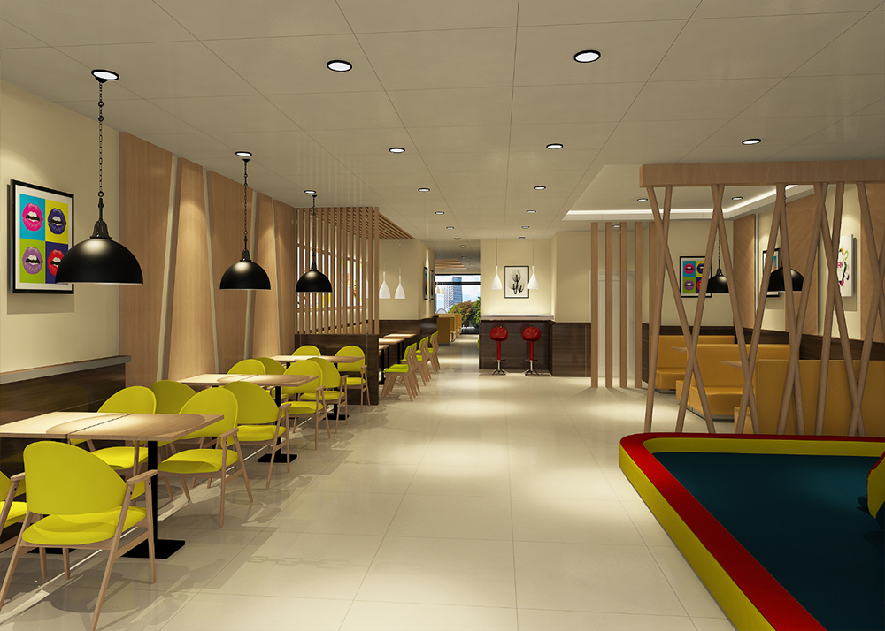 汉堡快餐店采用现代简约的设计风格,整体设计以浅色为调简洁大方,大